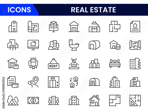Vector illustration web line icon collection featuring real estate concepts house, apartment, key, location pin, sale sign, contract, agent, and investment property symbols.