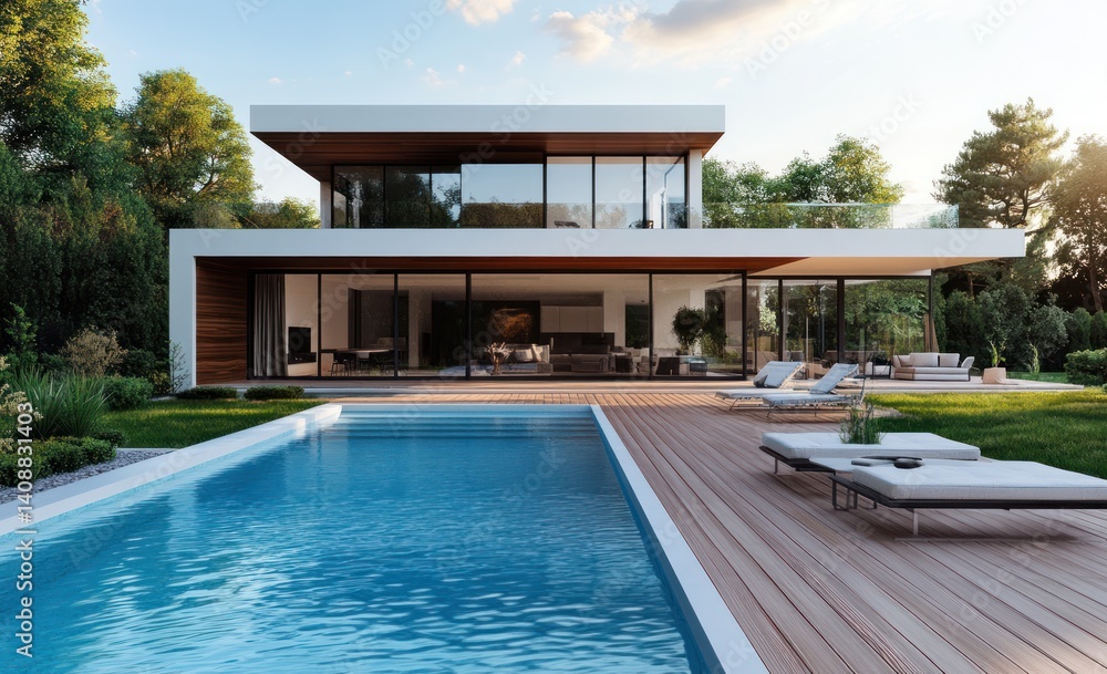 Fototapeta premium Luxury Modern House with Pool and Deck: A Dream Home in a Tranquil Setting