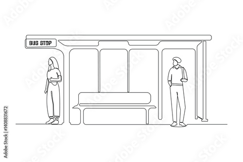 People waiting for their bus at the bus stop continuous single-line art drawing. Bus stop continuous outline vector.