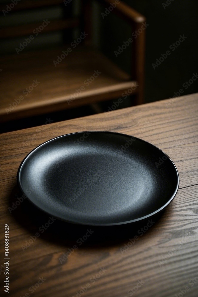 there is a black plate on a wooden table with a chair in the background there is a black plate on a wooden table with a chair in the background