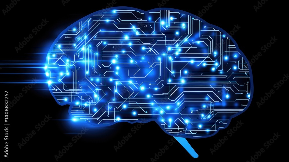 Abstract digital brain made of glowing circuits and data streams on dark tech background