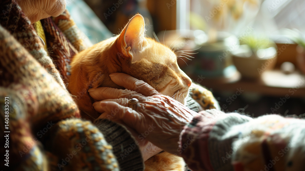 Elderly woman gently holding a cat indoors in sunlight.