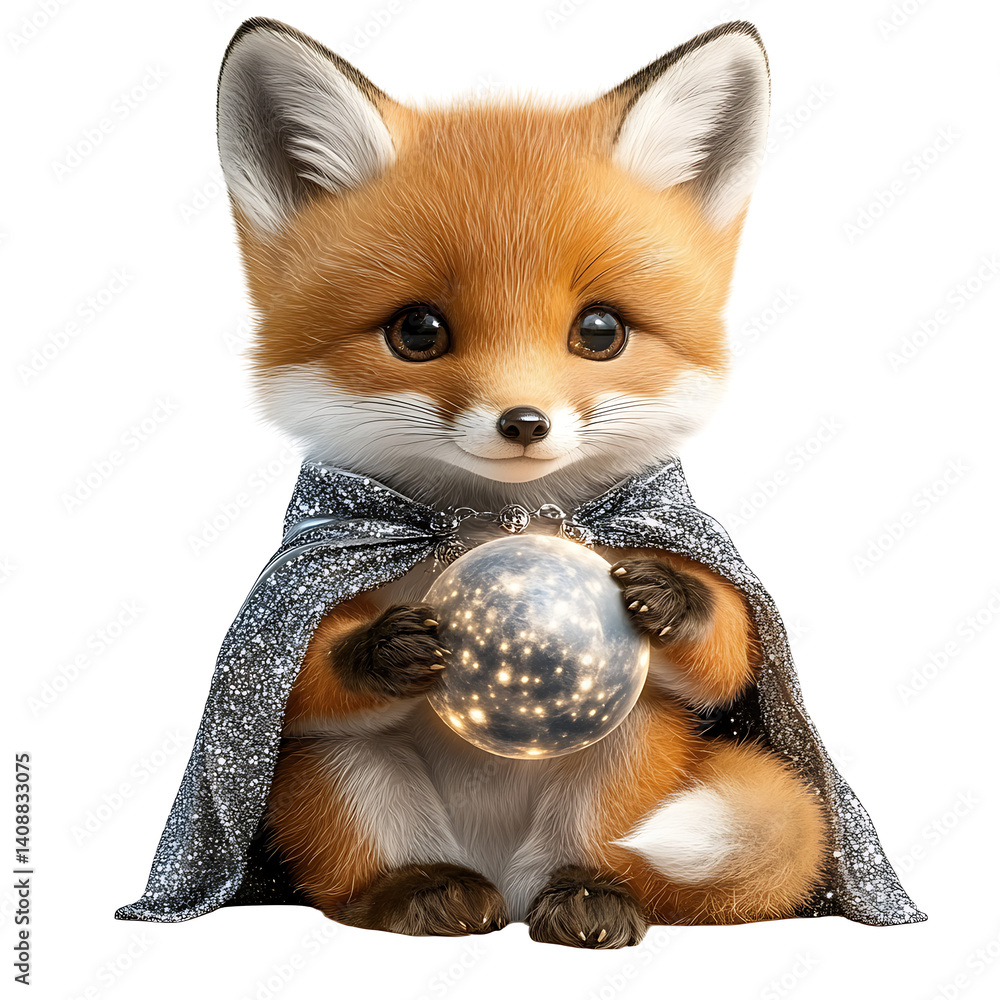 Obraz premium Charming fox cub with celestial orb enchanted forest digital art fantasy close-up view