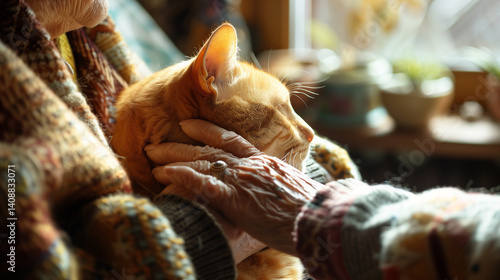 Obraz na płótnie Elderly woman gently holding a cat indoors in sunlight. w salonie