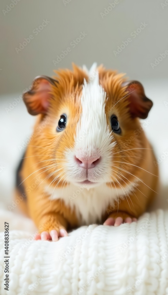 Adorable guinea pig with soft fur resting on white surface, guinea pig, furry Adorable guinea pig with soft fur resting on white surface, guinea pig, furry
