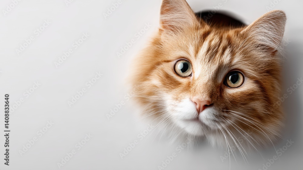 A fluffy ginger cat gazes upward from a paper hole, against a clean white backdrop - animal hole staring eyes A fluffy ginger cat gazes upward from a paper hole, against a clean white backdrop - animal hole staring eyes
