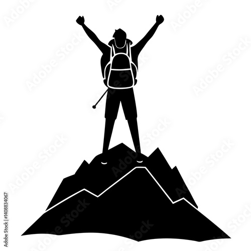 A silhouette of a backpacker standing triumphantly at the peak of a mountain, gazing into the distance