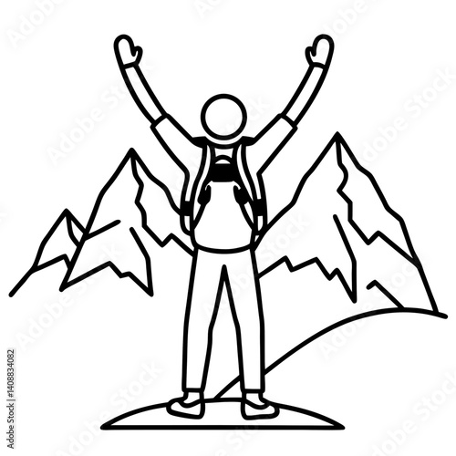 A silhouette of a backpacker standing triumphantly at the peak of a mountain, gazing into the distance