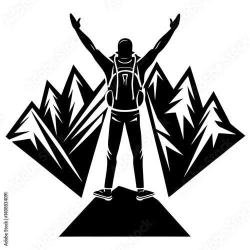 A silhouette of a backpacker standing triumphantly at the peak of a mountain, gazing into the distance