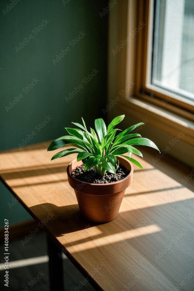 Fototapeta premium there is a small plant sitting on a table in front of a window