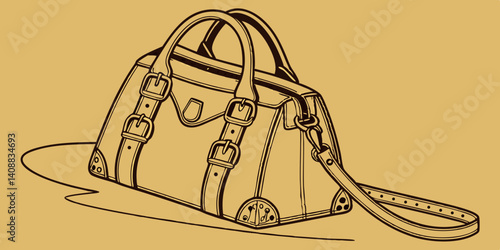 brown female handbag on a dark yellow background. Isolated vector illustration. Woman bag vector flat icon. Isolated leather hand bag emoji illustration. 