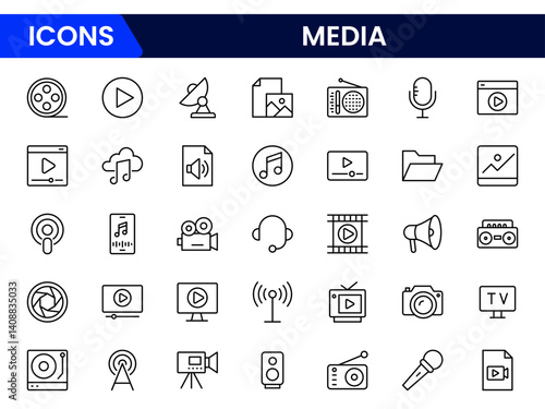 Vector illustration web line icon collection featuring media elements news, broadcasting, microphone, video, podcast, streaming, journalism, digital content, social media, communication tools 