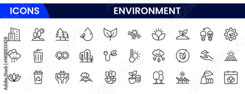 Vector illustration web line icon collection showcasing environmental themes sustainability, green energy, recycling, conservation, eco-living, nature protection, climate action, biodiversity, clean a