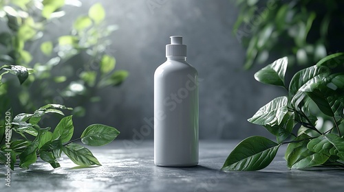 White bottle on grey surface surrounded by lush green leaves