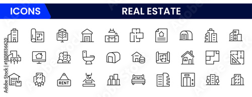 Vector illustration web line icon collection featuring real estate concepts house, apartment, key, location pin, sale sign, contract, agent, and investment property symbols.