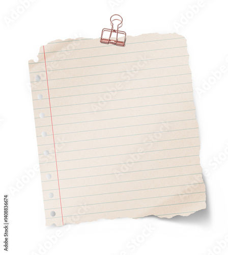 Paper Clip Isolated. Old white grid notepaper journal sticker. Real notepad with grid line isolated.	