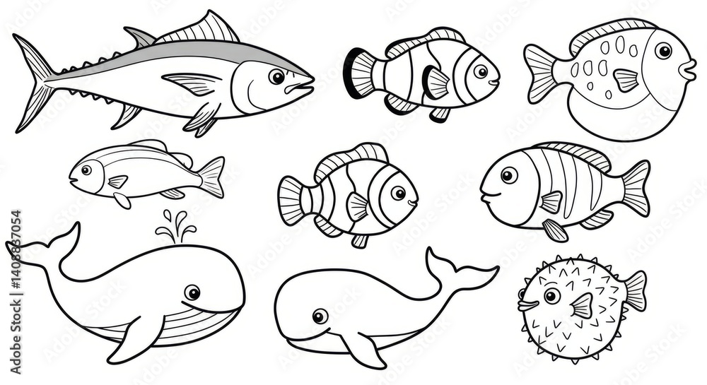 Collection Of Black And White Line Drawings Of Various Marine Animals Including Tuna Collection Of Black And White Line Drawings Of Various Marine Animals Including Tuna