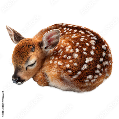 Sleeping Fawn: A curled up, adorable baby deer with white spots takes a peaceful nap.