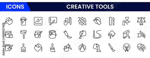Vector illustration web line icon collection showcasing creative tools paintbrush, pencil, pen, ruler, palette, scissors, camera, lightbulb, idea, and design elements.