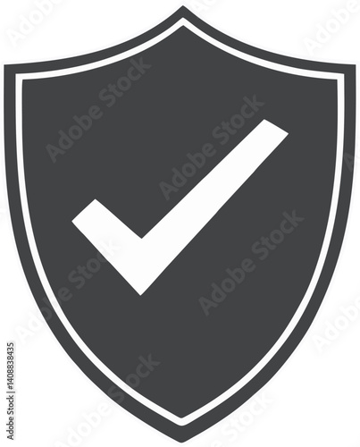 Vector graphic of a shield with a check mark icon in classic black and white