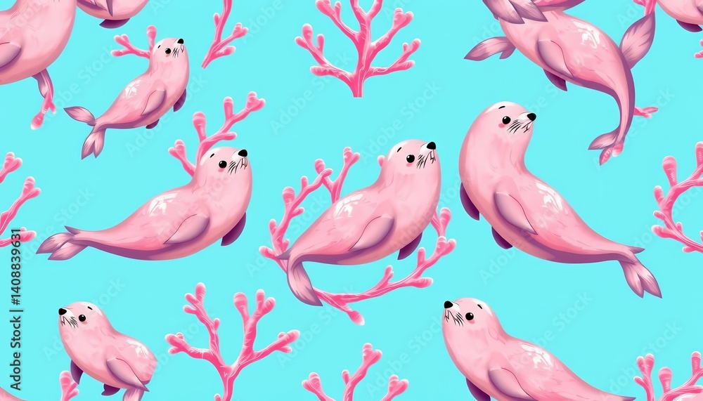Fototapeta premium Adorable swimming seals in a pink coral wreath, seamless vector repeat pattern on blue background, water, seals