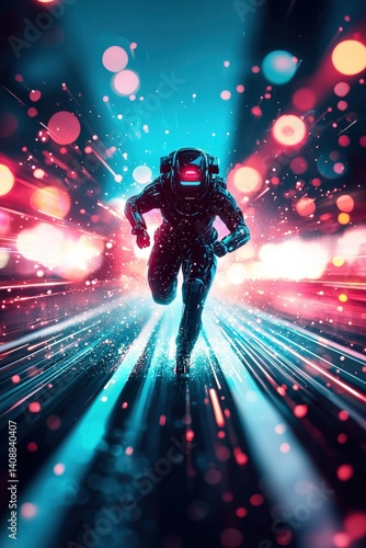 A man in a space suit is running through a city