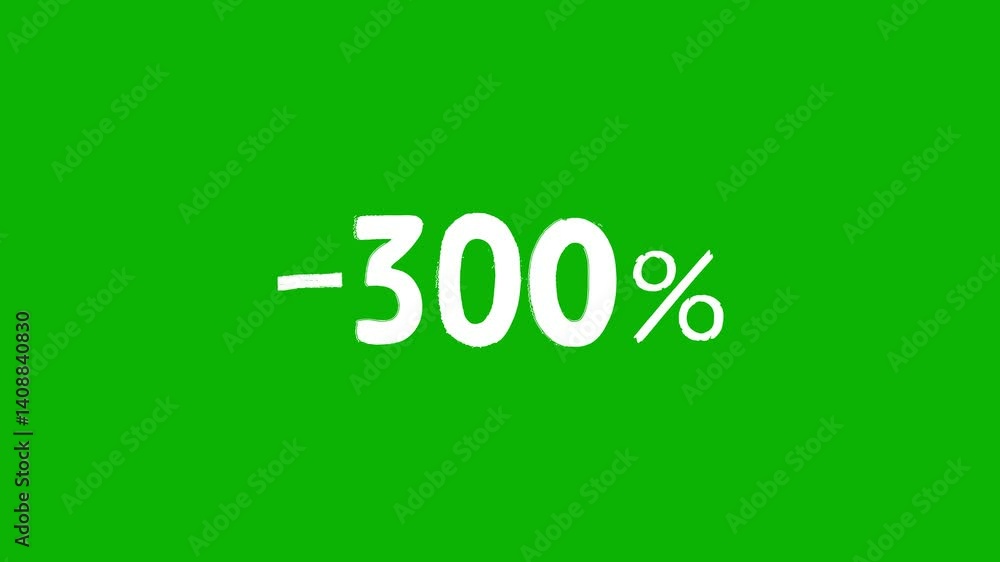 Animated white discount lettering for the “-300%” promotion in a sloppy font on a green screen on a chromakey background Animated white discount lettering for the “-300%” promotion in a sloppy font on a green screen on a chromakey background
