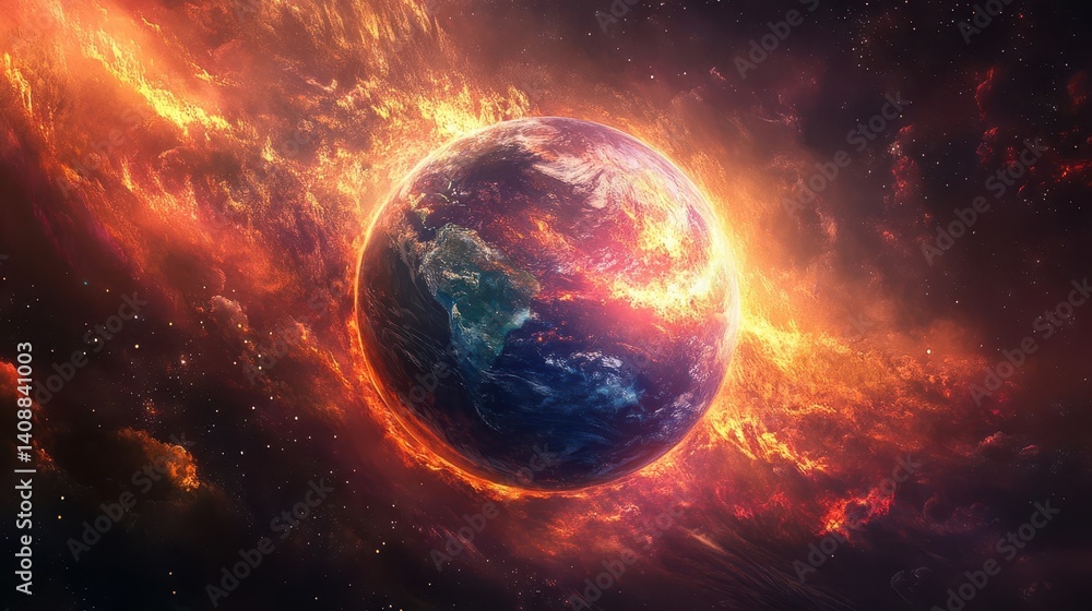 Obraz premium The burning planet surrounded by flames and a cosmic background