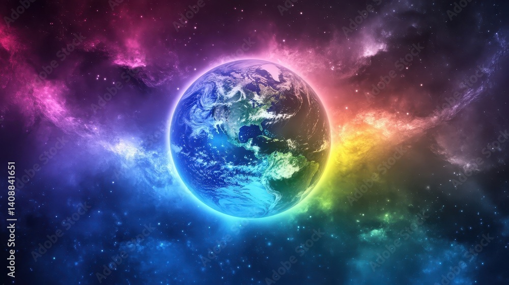 Obraz premium A vibrant earth displays in a colorful nebula background of space