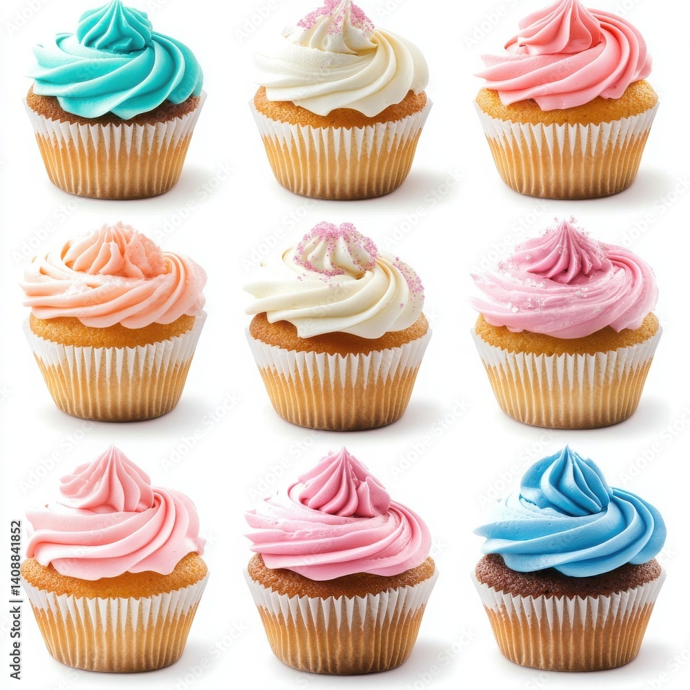 An elegant cupcake arrangement: decorative icing and sugar, isolated white. An elegant cupcake arrangement: decorative icing and sugar, isolated white.