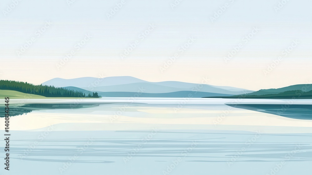 Tranquil lake scene reflects a serene mountain range. Tranquil lake scene reflects a serene mountain range.