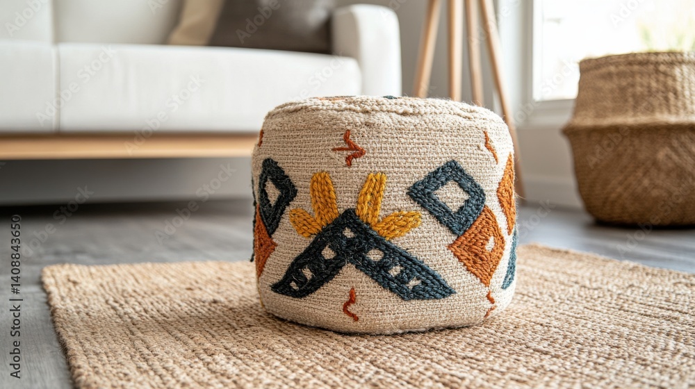 Obraz premium Cozy living room decor modern home textile pouf minimalist environment natural light comfort and style