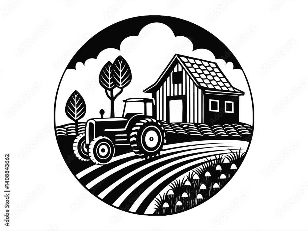 Obraz premium Vintage Farm Scene with Tractor and Barn in a Circle