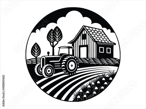 Vintage Farm Scene with Tractor and Barn in a Circle