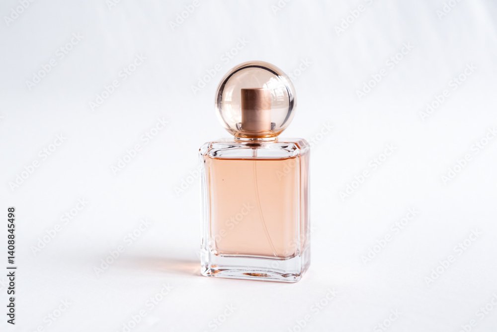 Elegant Perfume Bottle With Peach Liquid On Clean White Background Elegant Perfume Bottle With Peach Liquid On Clean White Background