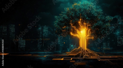 A tree with a glowing trunk is surrounded by a cityscape