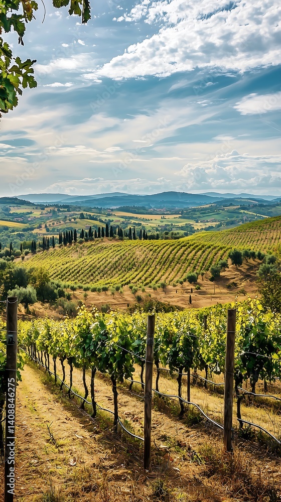 Fototapeta premium Stunning Vineyard Landscape: A Picturesque Scenic View of Rolling Hills and Lush Vine Rows in Tuscany for Nature Photography Enthusiasts