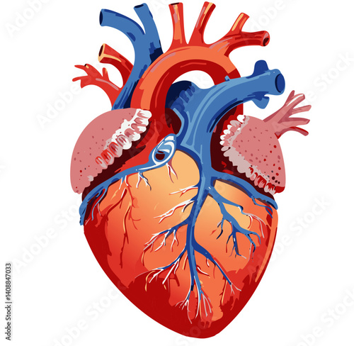 Detailed Illustration of a Human Heart with Arteries and Veins in Medical Style

