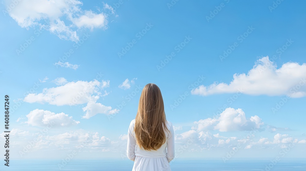 Obraz premium A woman with long hair is standing in front of a blue sky with clouds