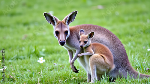 Eastern Grey Kangaroo (Macropus giganteus) on  meadow, very cute animal with baby with green background, australian wildlife, queensland, Brisbane, brown pouched mammal, marsupial