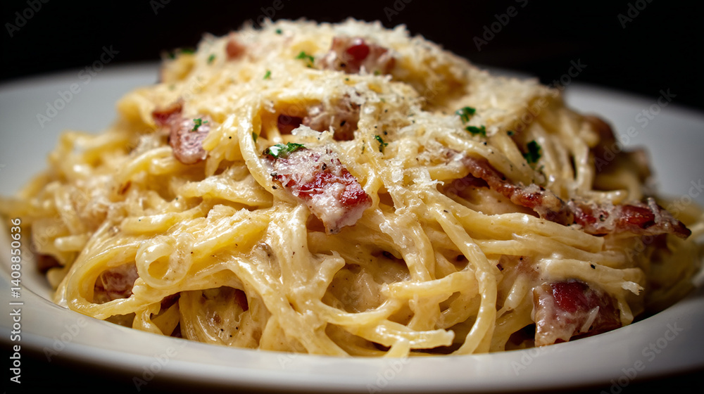 Creamy Carbonara Pasta with Bacon and Parmesan Flakes Creamy Carbonara Pasta with Bacon and Parmesan Flakes