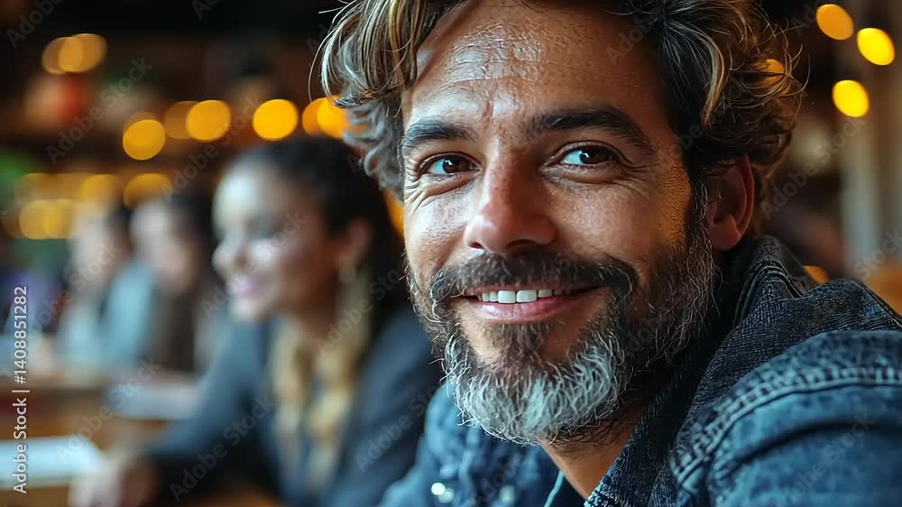 Smiling man at a cozy caf? with friends, enjoying conversation and warm ambiance Smiling man at a cozy caf? with friends, enjoying conversation and warm ambiance