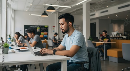 Man works on laptop in modern office.