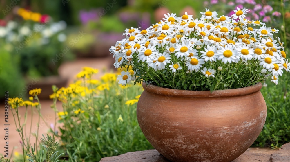 Potted daisies in garden Potted daisies in garden