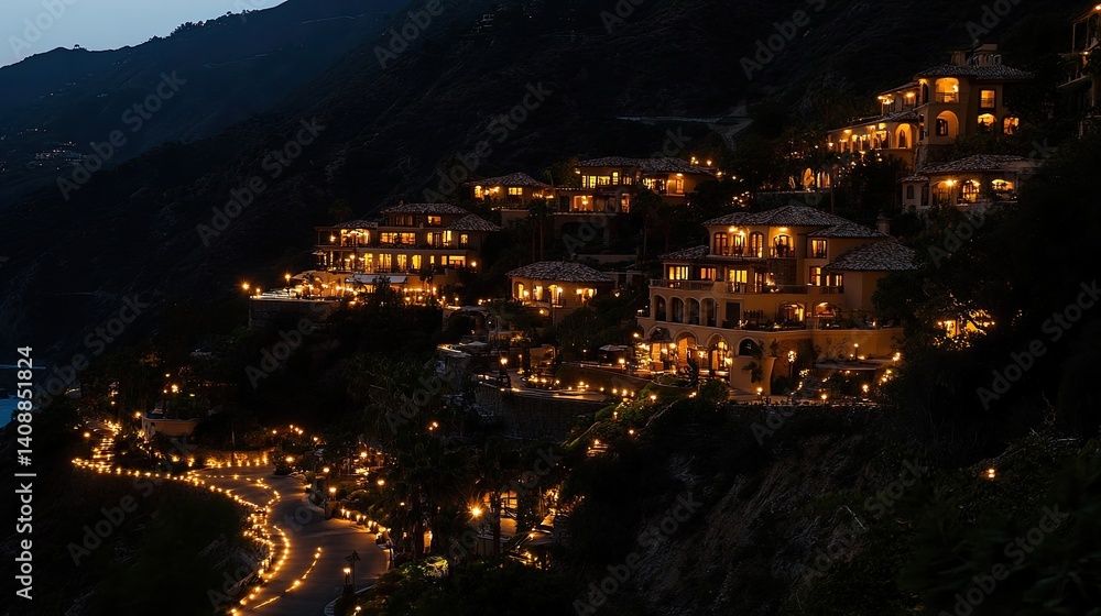 Fototapeta premium Luxurious hillside homes illuminated at night