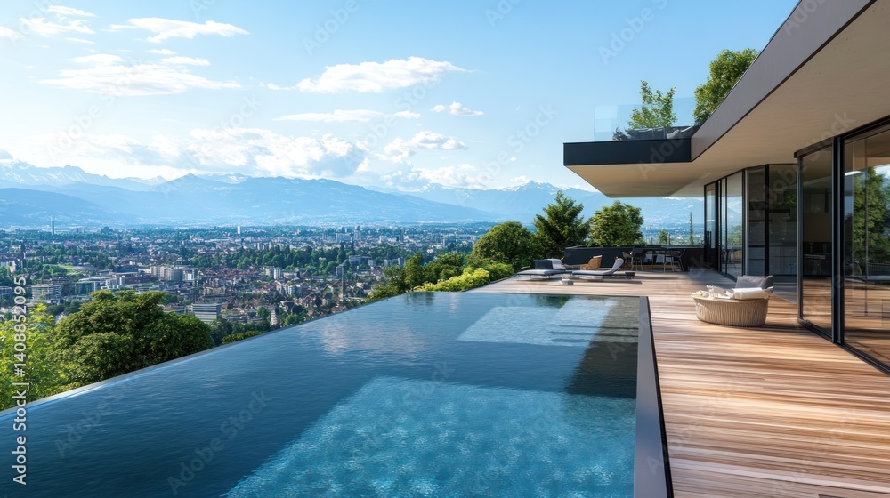 Fototapeta premium Luxury Villa with Infinity Pool and Panoramic Mountain View