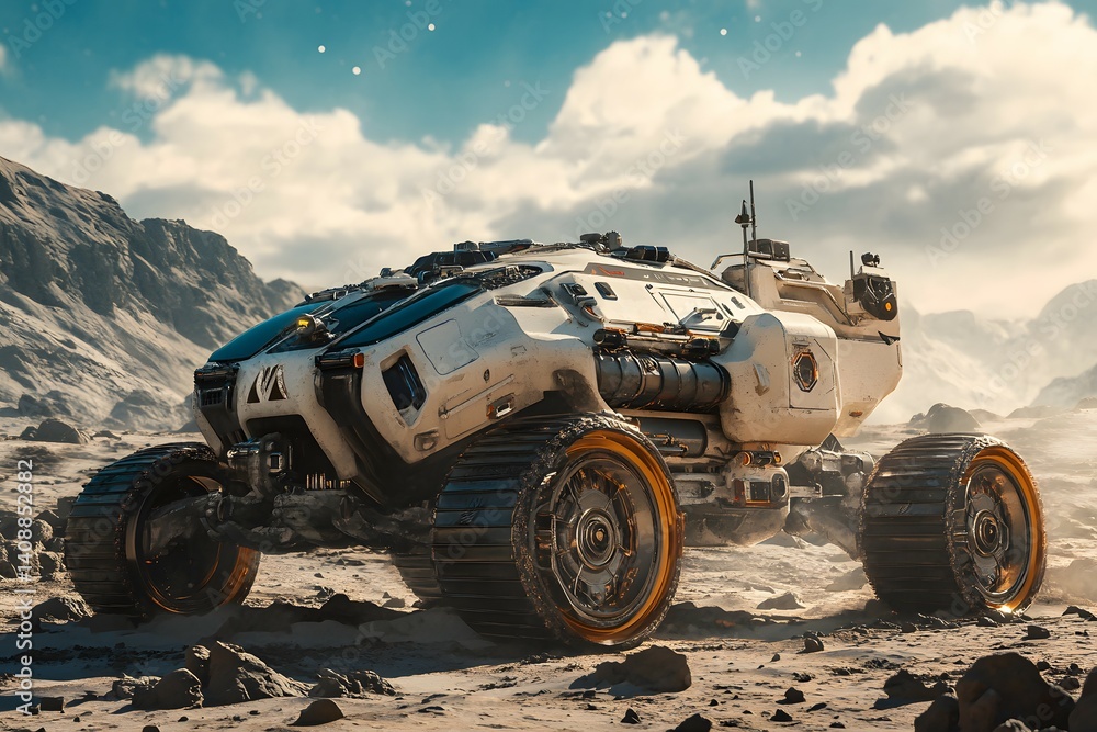Obraz premium Futuristic Rover Vehicle, OffRoad Design, Desert Landscape, Exploration, SciFi Style