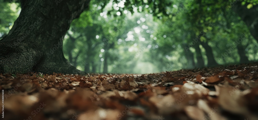 Obraz premium Autumnal Forest Path: A Tranquil Scene of Fallen Leaves and Ancient Trees