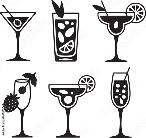 set of drinks, cocktail icons in silhouette style on a white background