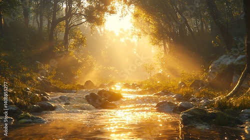 Forest stream sunrise sunshine